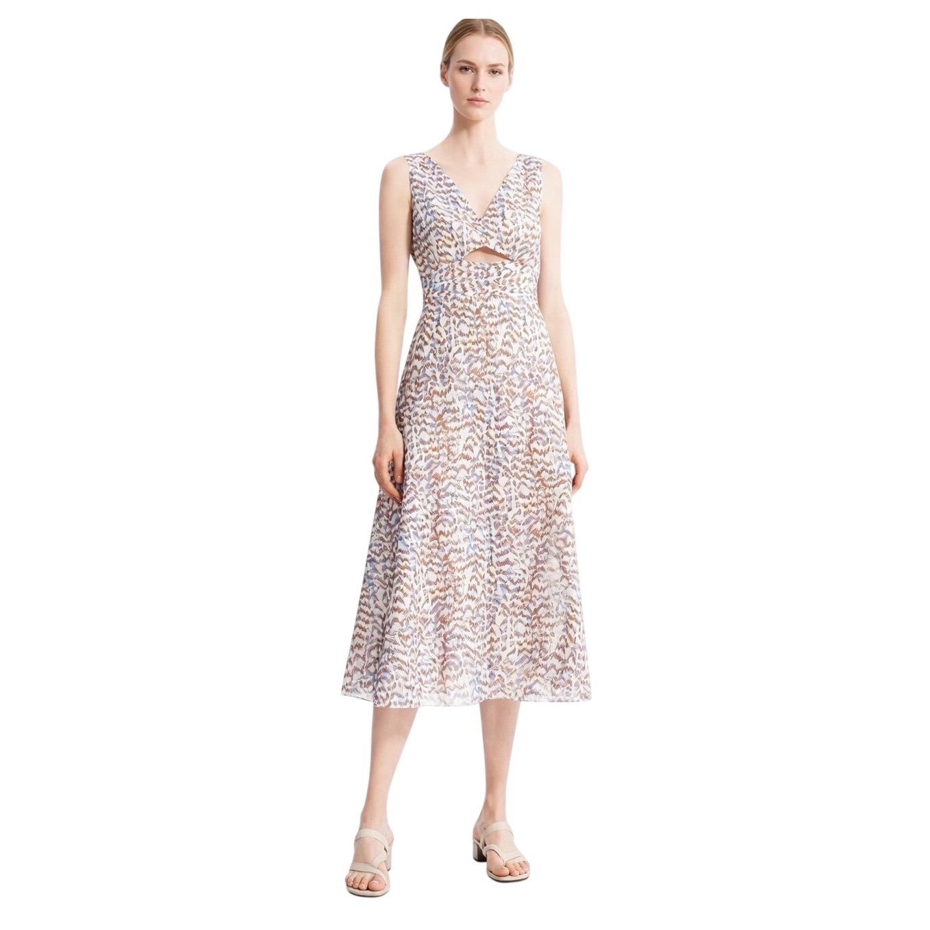 Theory Womens Sl Cutout Dr Desert Lawn Abstract Print Midi Dress Blue Brown 8